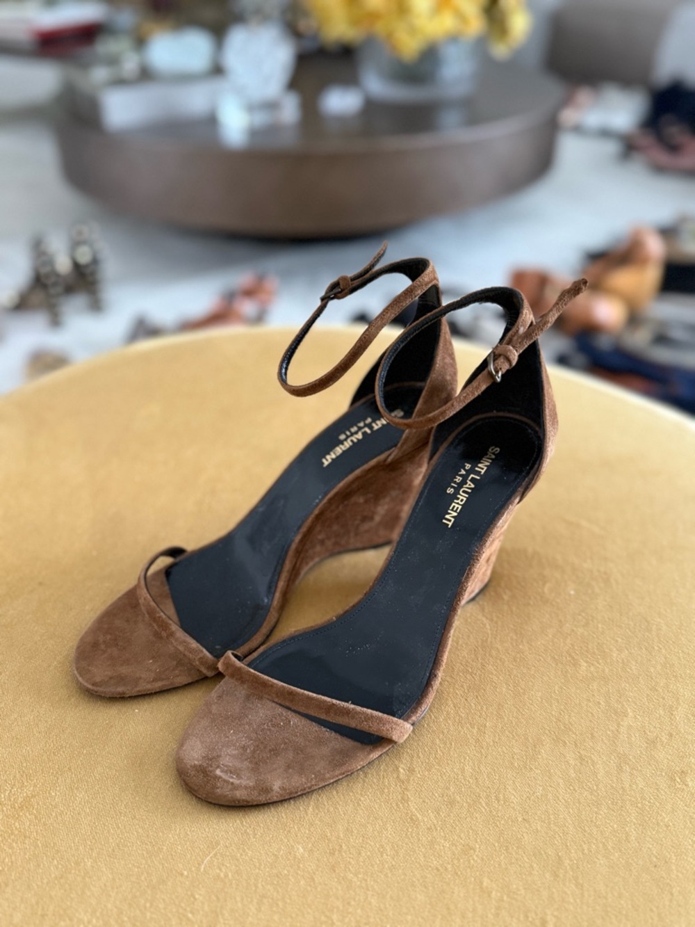 Saint Laurent Brown Suede Ankle-Strap Wedge Sandals